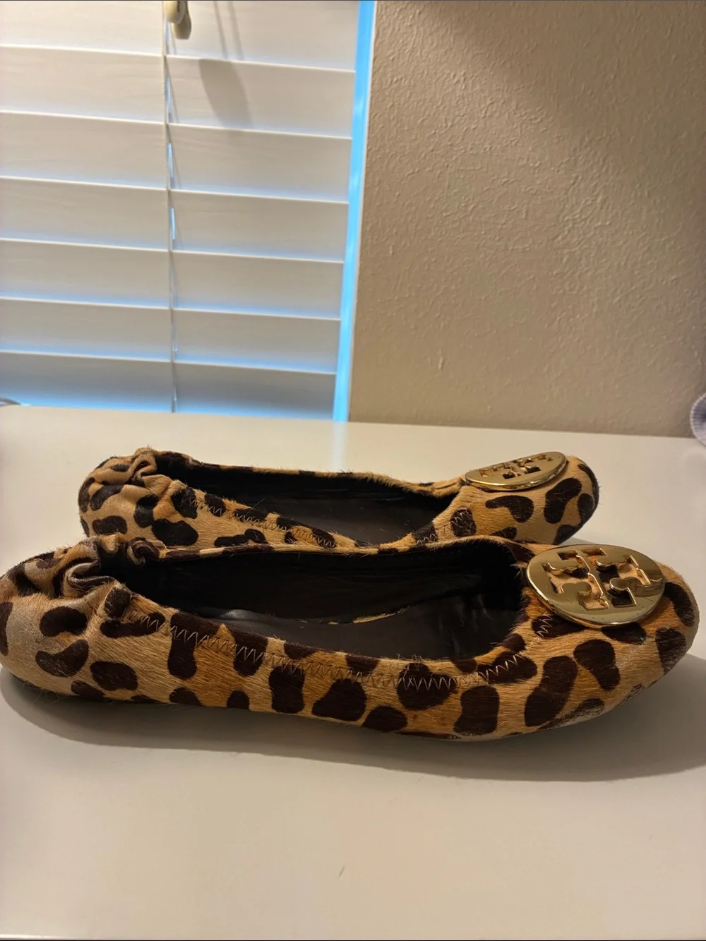 Tory Burch Leopard-Print Ballet Flats with Gold Logo, Size 7.5